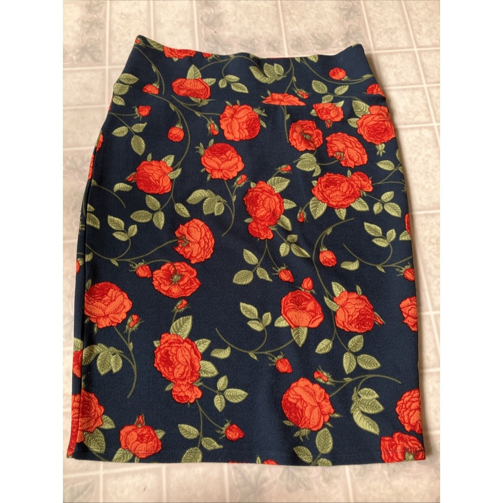 Lularoe Cassie Pencil Skirt Large Blue Orange Green Roses Floral STRETCH No Slit